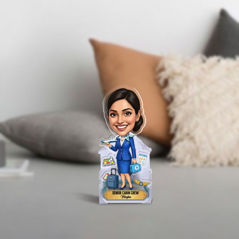 Personalized Senior Cabin Crew Bobblehead Caricature Gift for Air Hostess, Flight Attendants & Cabin Crew Desktop Decor for Home & Study Table | Battery Powered Moving Head